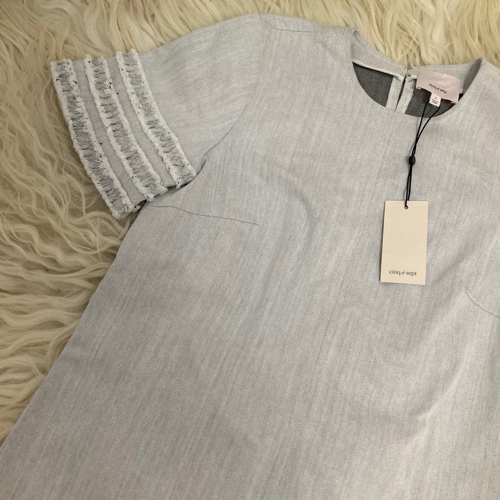 CINQ A SEPT Ashton Crewneck Short-Sleeve Cotton Shift Dress w/ Frayed Trim - Picture 6 of 12